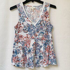 Anthropologie Deletta Amalia Red Blue V-neck Cotton Sleeveless Peplum Top Womens